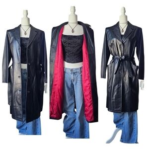 Murano 90s Y2K Black Leather Trench Jacket Coat with Tie Waist - Size Large